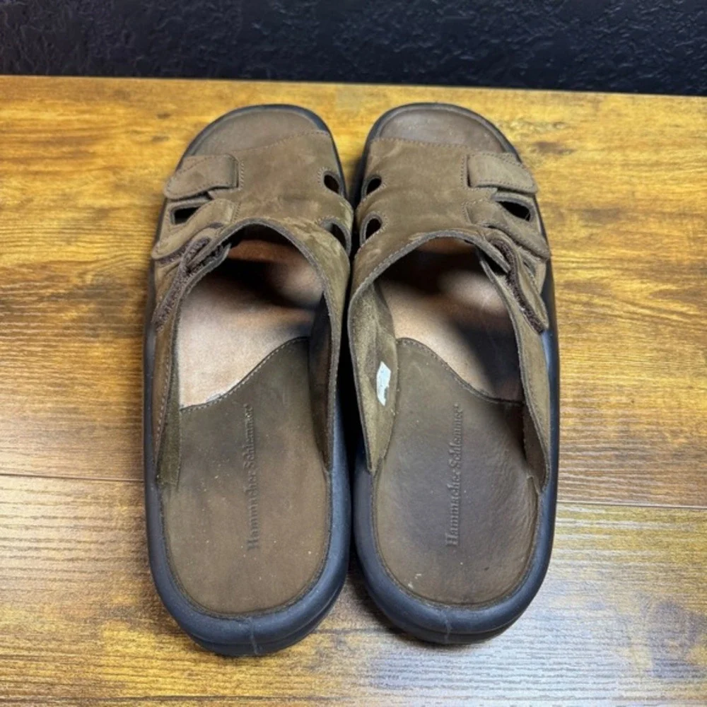 Hammacher Schlemmer Adjustable Brown Leather Slide Sandals Mens 44 Made Portugal